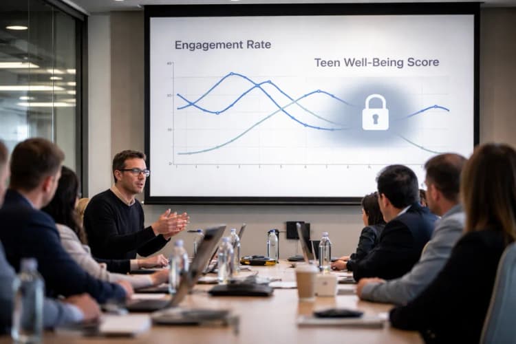 Ilustrasi ruang rapat eksekutif Meta dengan layar proyektor menampilkan grafik 'engagement rate' dan 'teen well-being score' yang saling tumpang tindih, tetapi bagian 'well-being score' tampak kabur dan terkunci