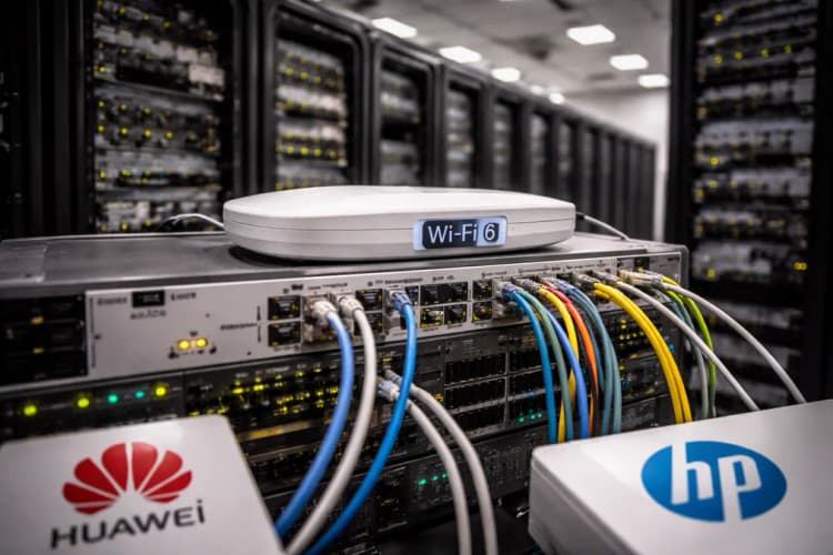 Ilustrasi ruang server di pusat data Jakarta dengan label 'Wi-Fi 6 Certified' pada perangkat jaringan dan logo Huawei serta HP di sudut bawah