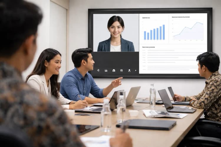 Ilustrasi ruang rapat virtual dengan layar dashboard Proshort.ai menampilkan grafik skor 'objection handling' dan 'value articulation' di samping transkrip percakapan real-time