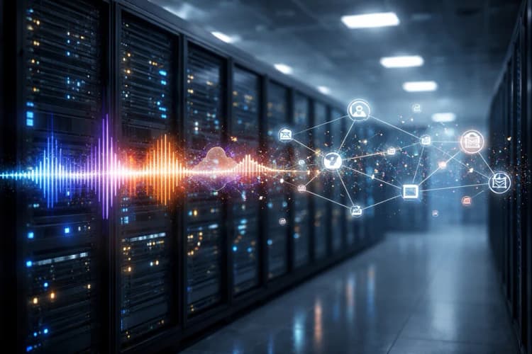 Ilustrasi server dengan gelombang suara bertransformasi menjadi grafik relasi konsep dan ikon API