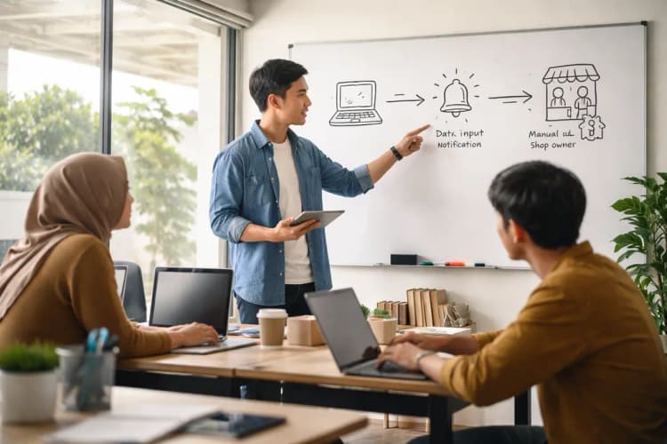 Ilustrasi ruang kerja startup di Bandung dengan whiteboard berisi sketsa alur kerja sederhana: input data penjualan → notifikasi stok → tindakan manual pemilik warung