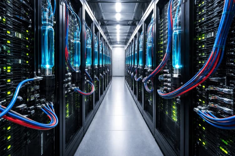 Ilustrasi pusat data modern dengan rak server berpendingin cair dan kabel fiber optik berwarna biru-merah