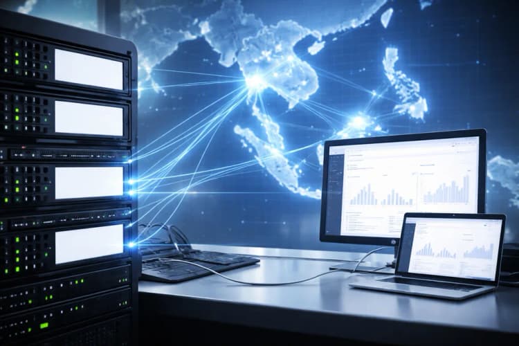 Ilustrasi server DBS dan dashboard Stripe yang saling terhubung melalui garis data biru, dengan peta Asia Tenggara di latar belakang menunjukkan aliran transaksi antar-negara