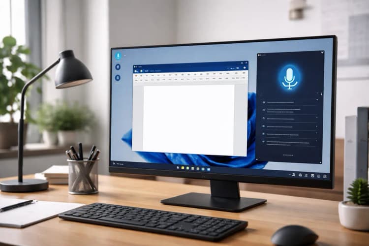 Ilustrasi desktop Windows dengan antarmuka Fluent For All aktif: ikon mikrofon menyala, daftar perintah suara terlihat di samping, dan dokumen Word terbuka dengan teks sedang diketik otomatis