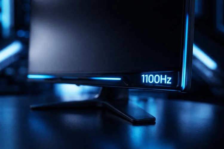 Ilustrasi close-up panel Samsung Odyssey G6 dengan highlight pada label '1100Hz' di sudut kanan bawah, latar belakang studio gelap dan refleksi cahaya biru neon