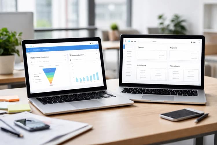 Ilustrasi perbandingan dua layar: kiri menampilkan antarmuka Workday dengan grafik prediksi retensi karyawan, kanan menampilkan dashboard Talenta dengan kolom payroll dan absensi dasar