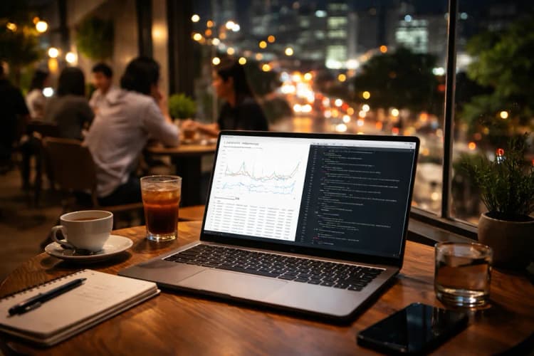 Ilustrasi suasana kafe Jakarta malam hari dengan laptop terbuka, layar menampilkan grafik latency inference dan kode Python di terminal