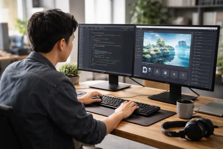 Ilustrasi workstation developer Indonesia dengan layar menampilkan antarmuka Hy4 Preview sedang menghasilkan kode Unity dan preview 3D web