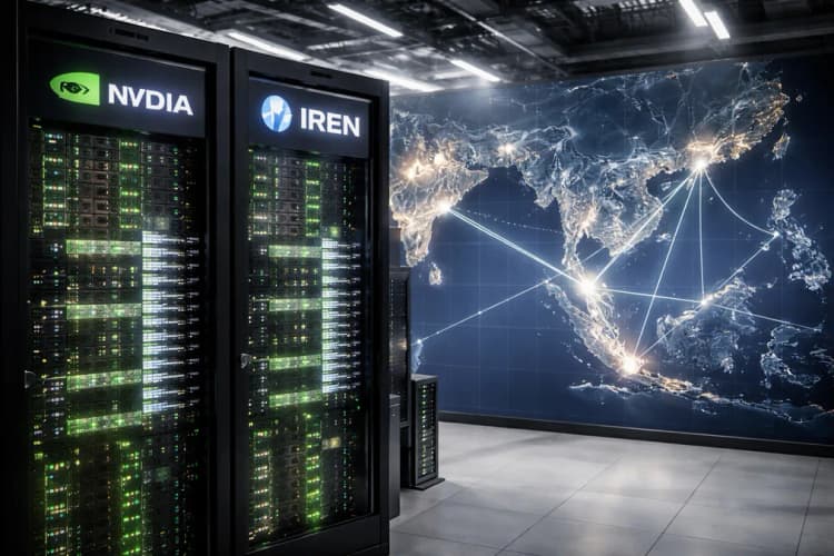 Ilustrasi pusat data modern di Singapura dengan rak server berlogo Nvidia dan logo IREN, latar belakang peta Asia Tenggara dengan garis koneksi ke Jakarta, Ho Chi Minh City, dan Kuala Lumpur