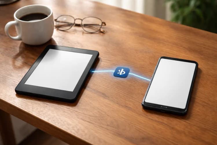 Ilustrasi Kindle Paperwhite di atas meja kayu dengan garis Bluetooth berwarna biru tipis menghubungkan ke ikon aplikasi Kindle di layar smartphone Android