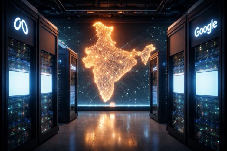 Ilustrasi server pusat data Jio dengan logo Meta dan Google terpampang di sisi kiri dan kanan, sementara peta India bercahaya di latar belakang