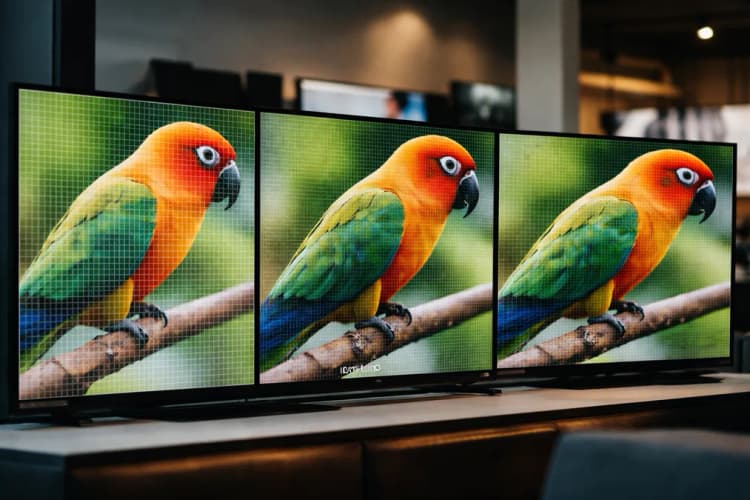 Ilustrasi perbandingan visual antara resolusi 1080p, UHD 3840x2160, dan DCI 4096x2160 pada layar datar dengan garis grid piksel yang terlihat jelas