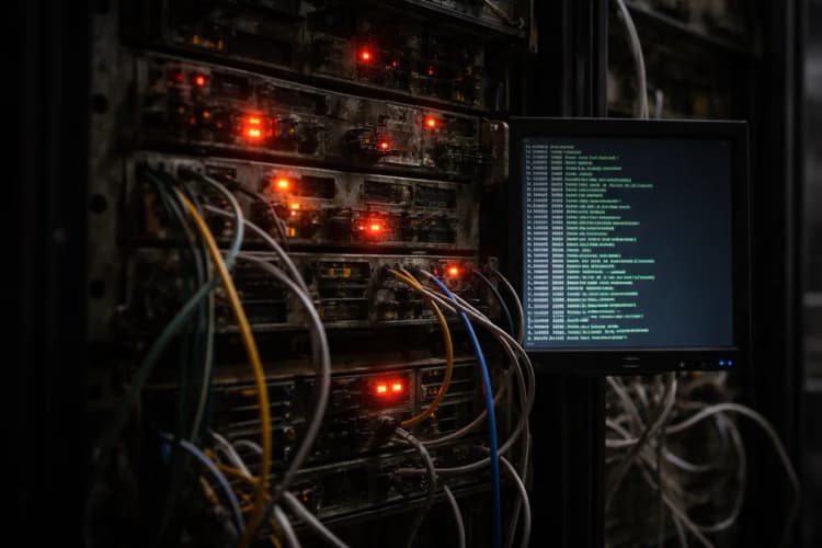 Ilustrasi server rack tua dengan lampu indikator merah berkedip, kabel LAN terbuka, dan layar terminal menampilkan daftar direktori Steam_beta_2019/