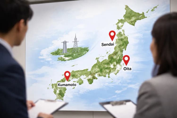 Ilustrasi peta Jepang dengan penanda tiga lokasi potensial SK hynix di Sendai, Kumamoto, dan Oita, disertai ikon infrastruktur listrik dan air