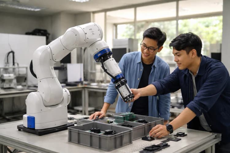 Ilustrasi laboratorium otomasi di Bandung dengan cobot Epson AX6 sedang melakukan simulasi pengepakan komponen elektronik di atas meja kerja bersama dua teknisi muda