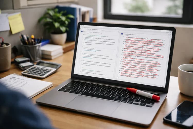 Ilustrasi meja kerja kantor kecil dengan layar laptop menampilkan dua kolom: kiri berisi prompt panjang berbahasa Indonesia + kode, kanan berisi output AI yang di-coretnya dengan spidol merah