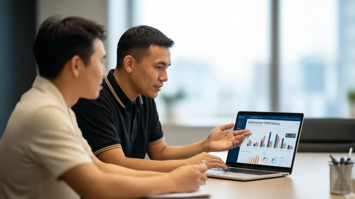 Two men discussing tech: Influencees: Platform AI yang Ubah Cara Brand Nilai Kreator