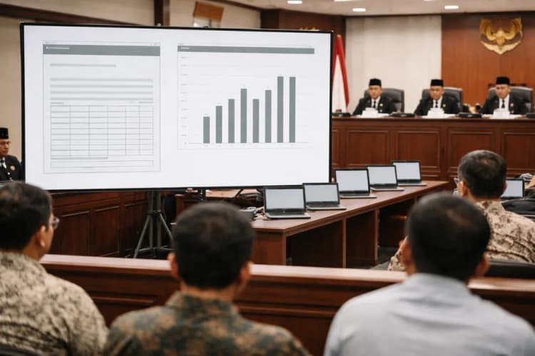 Ilustrasi ruang sidang pengadilan dengan layar digital menampilkan dokumen pengadaan Chromebook dan grafik utilisasi di sekolah-sekolah