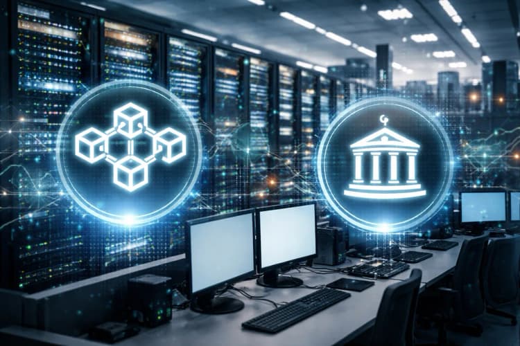Ilustrasi pusat data keuangan di Hong Kong dengan ikon blockchain dan logo regulator SFC