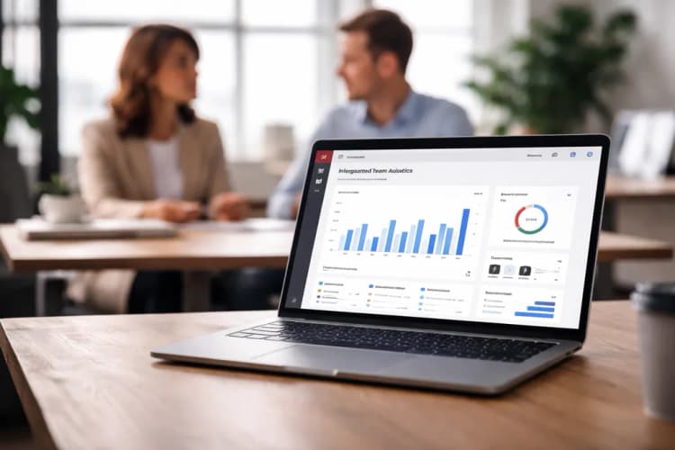 Ilustrasi antarmuka HiBob yang menampilkan dashboard analitik kinerja tim terintegrasi dengan grafik penjualan bulanan