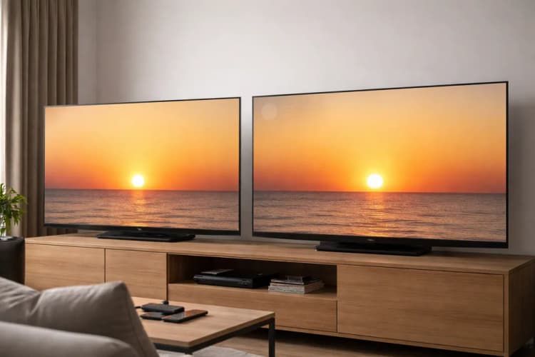 Ilustrasi perbandingan visual antara layar OLED tanpa burn-in dan layar dengan jejak logo stasiun TV yang memudar di sudut kiri atas, disertai skala waktu 12/24/36 bulan