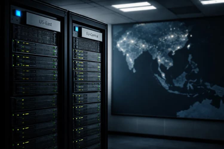 Ilustrasi server rack dengan label 'US-East' dan 'EU-Central', sementara peta Asia Tenggara tampak gelap tanpa ikon data center