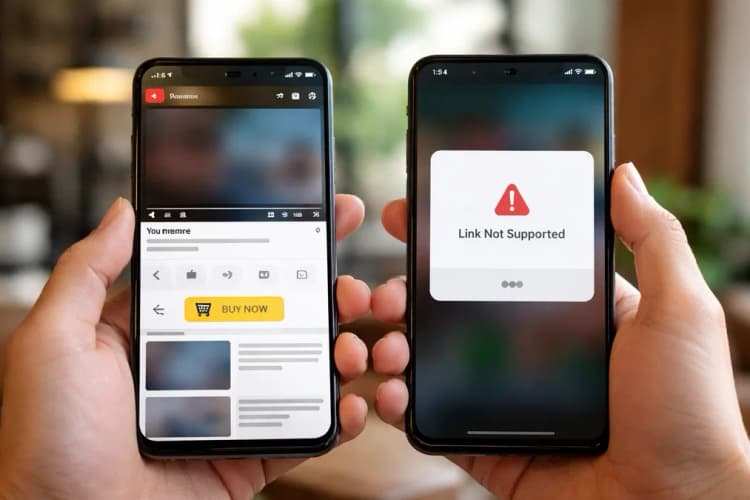 Ilustrasi dua layar berdampingan: satu menampilkan antarmuka YouTube dengan tombol 'Beli Sekarang' berlogo Amazon, satunya menampilkan notifikasi 'Link tidak didukung' saat mencoba menautkan Tokopedia