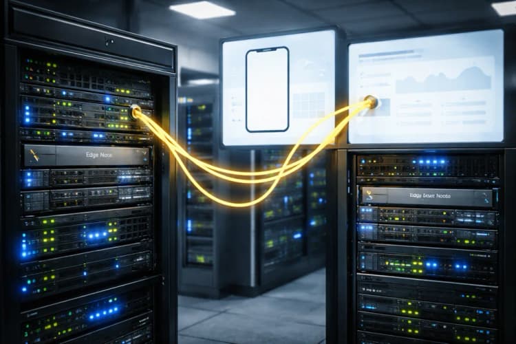 Ilustrasi server rack dengan label 'Manila Edge Node' dan 'Jakarta Edge Node', kabel optik menghubungkan keduanya ke ikon aplikasi mobile dan dashboard deteksi fraud