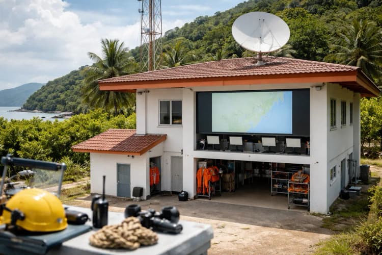Ilustrasi stasiun pemantauan SAR di Pulau Flores dengan peta digital dan antena satelit kecil di atap bangunan