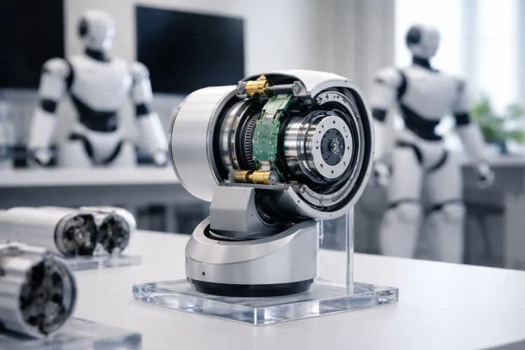 Ilustrasi modul sendi robot UBTech generasi baru dengan potongan cross-section menunjukkan integrasi motor, encoder, dan reduktor dalam satu unit compact