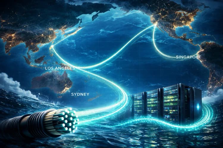 Ilustrasi kabel laut trans-Pasifik dengan peta rute dari Los Angeles ke Sydney dan Singapura, disertai ikon server GPU dan gelombang data berlabel 'AI training traffic'