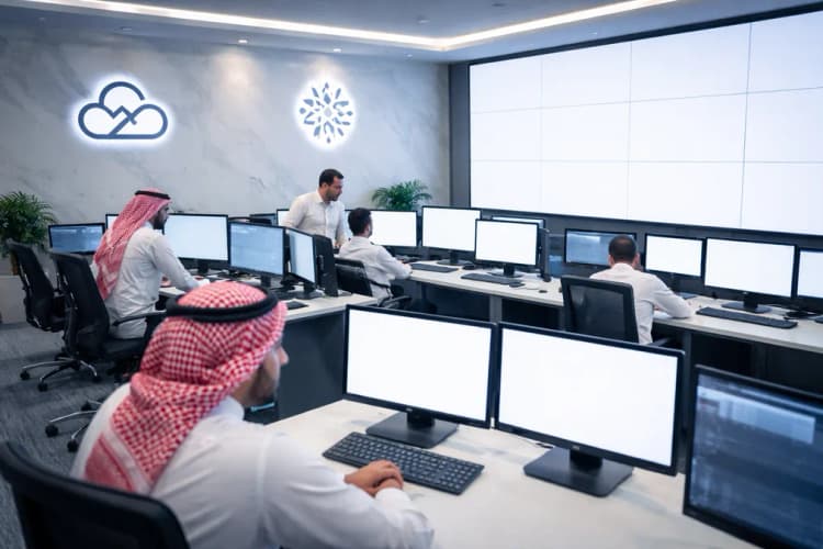 Ilustrasi kantor Simpaisa Arabia di Riyadh dengan logo Tencent Cloud dan SDAIA di dinding, serta tim teknis lokal sedang memantau dashboard keamanan siber berbasis AI