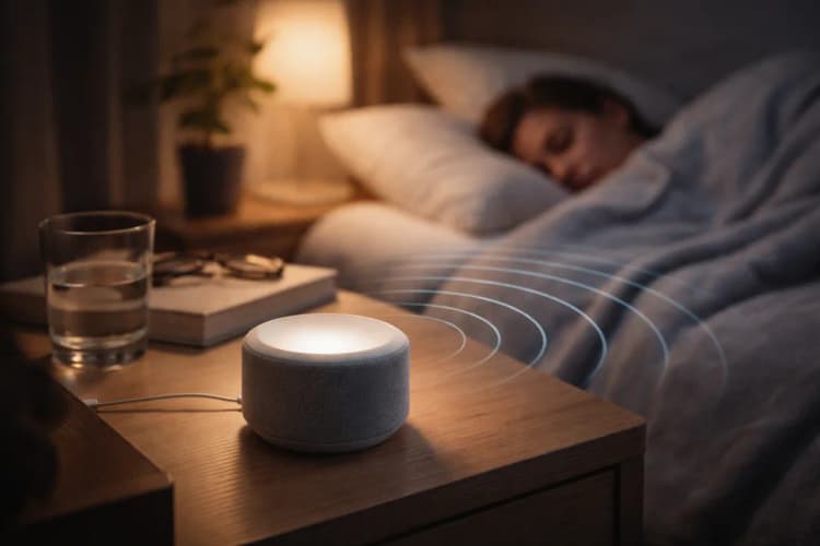 Ilustrasi meja samping tempat tidur dengan Sleep Speaker bercahaya redup, kabel tersembunyi, dan garis gelombang radar abstrak mengarah ke siluet tubuh tidur