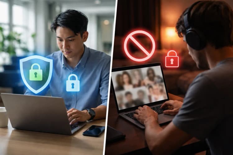 Ilustrasi perbandingan antara penggunaan VPN untuk keamanan profesional versus akses ilegal ke konten dewasa, dengan ikon kunci, shield, dan tanda larangan merah