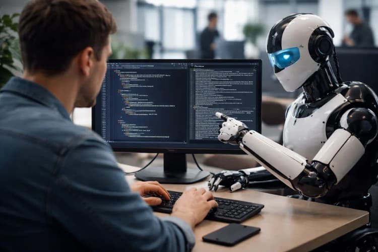 Ilustrasi kolaborasi antara developer human dan AI agent di layar terminal, dengan kode Python dan log sistem berjalan bersamaan