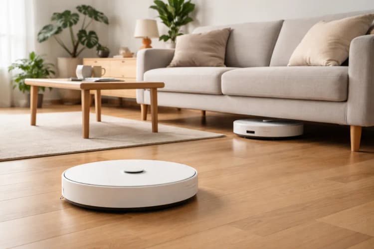 Ilustrasi dua robot vakum berbeda ukuran di ruang tamu minimalis dengan lantai parket dan tanaman hias, satu beroperasi di lantai utama, satunya sedang masuk ke celah kolong sofa