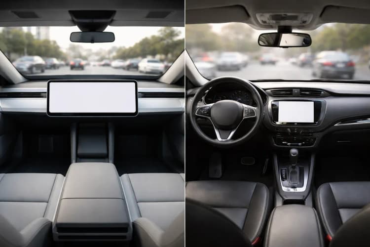 Ilustrasi perbandingan antara dashboard Cybercab kosong tanpa kemudi dan interior mobil konvensional dengan setir, pedal gas-rem, serta panel instrumen lengkap