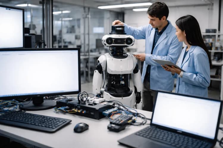 Ilustrasi laboratorium pengujian robot dengan sensor lidar, kamera stereo, dan antarmuka data real-time di layar monitor