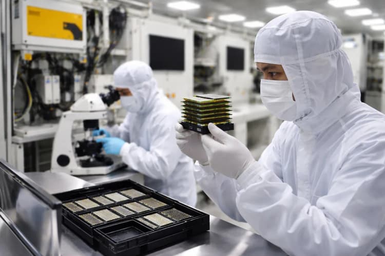 Ilustrasi pabrik Micron di Taichung dengan jalur produksi HBM3 yang sedang diinstal, tampak teknisi memeriksa wafer stack dan modul memory 3D