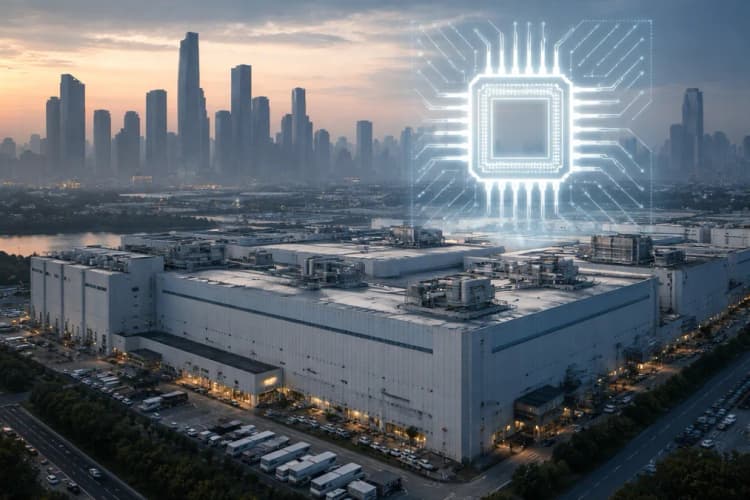 Ilustrasi pabrik semikonduktor YMTC di Wuhan dengan siluet gedung pencakar langit dan simbol chip mikro di latar belakang