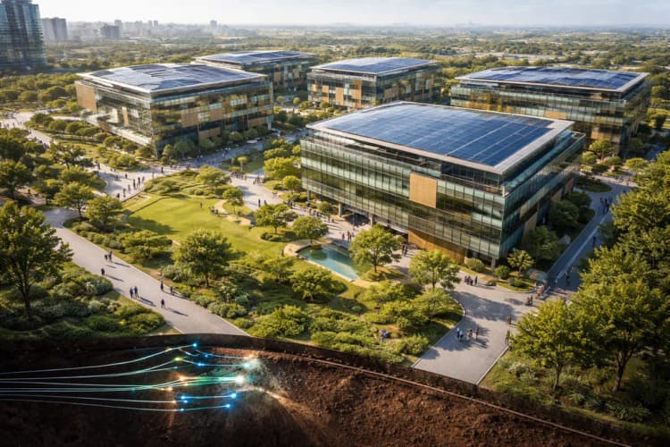 Ilustrasi kampus TCS di Hyderabad dengan bangunan modular beratap solar panel, jalur kabel fiber optik bawah tanah, dan area hijau terintegrasi