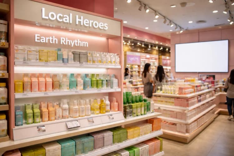 Ilustrasi toko fisik Nykaa di Jakarta Selatan dengan rak produk Earth Rhythm dominan di area 'Local Heroes', disertai layar digital menampilkan grafik penjualan harian
