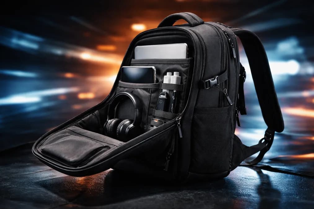Black backpack with geometric background: Tas Laptop yang Bisa Baca Gerak Tubuh? Ini yang Hilang dari Daftar 'Terbaik' Wired
