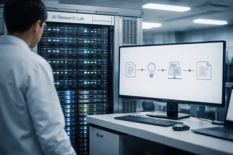 Ilustrasi server rack dengan label 'AI Research Lab' dan diagram alur 'Literature → Hypothesis → Simulation → Draft' di layar monitor samping