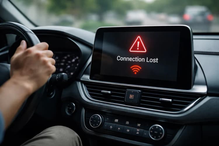 Ilustrasi dashboard mobil modern dengan layar sentuh yang menampilkan notifikasi 'Connection Lost' dan ikon Wi-Fi berkedip merah