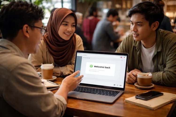 Ilustrasi startup lokal sedang menguji antarmuka AI berbasis chat dengan pengguna nyata di warung kopi, layar menampilkan notifikasi 'Pengguna kembali hari ini'