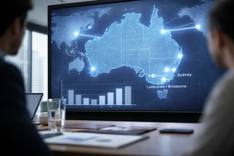 Ilustrasi peta Australia dengan titik-titik lokasi proyek data center AI di Sydney, Melbourne, dan Brisbane, disertai grafik perbandingan latency ke pusat data AS dan Asia