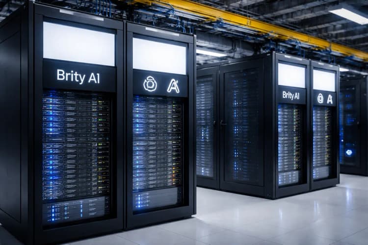 Ilustrasi pusat data Samsung SDS di Suwon dengan server berlabel 'Brity AI' dan ikon OpenAI serta Anthropic
