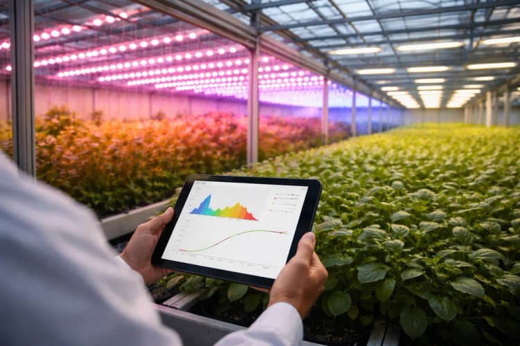 Ilustrasi greenhouse modern dengan lampu LED berwarna-warni yang menyala berbeda-beda di tiap zona tanam, disertai tablet menampilkan grafik spektrum cahaya dan kurva pertumbuhan tanaman