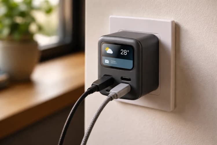 Ilustrasi close-up charger dinding Anker dengan layar menyala menampilkan ikon cuaca dan notifikasi 'Paket tiba di lobi'
